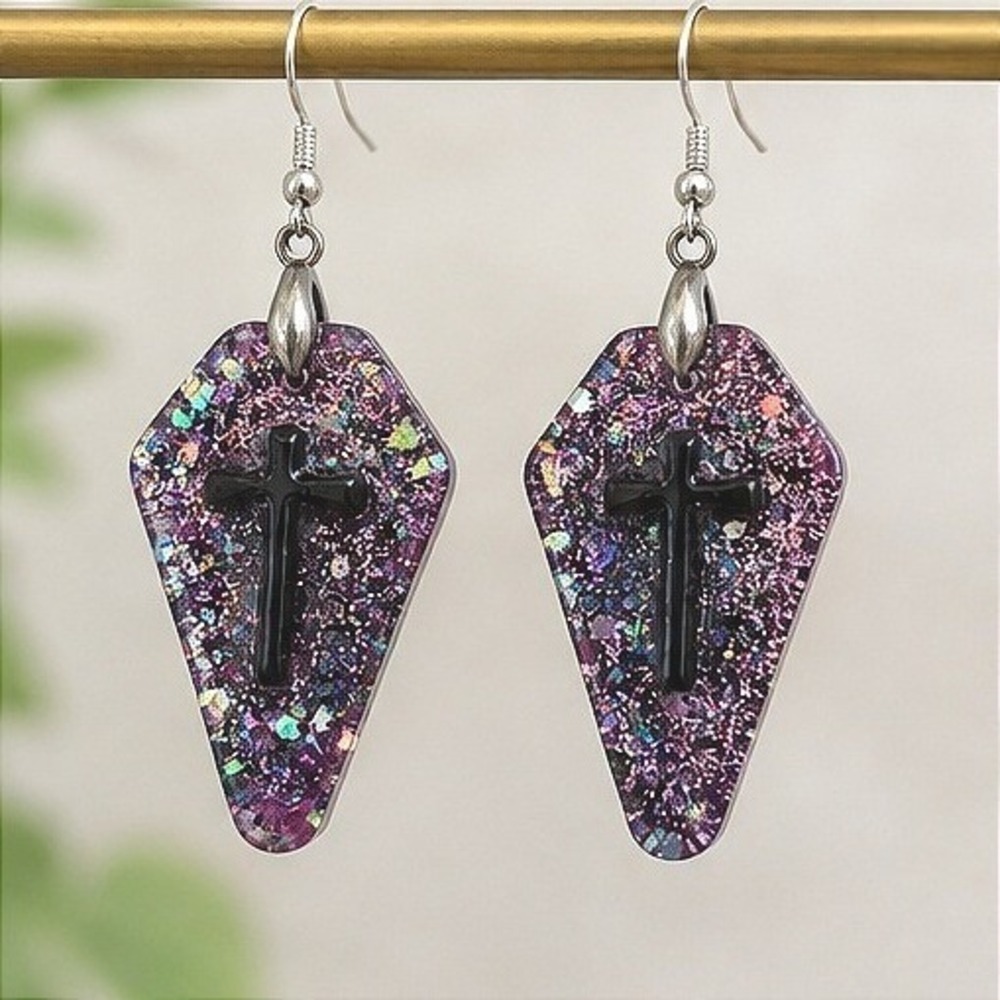 Handmade Coffin Earrings Purple Gothic Cross Resin Dangle Halloween